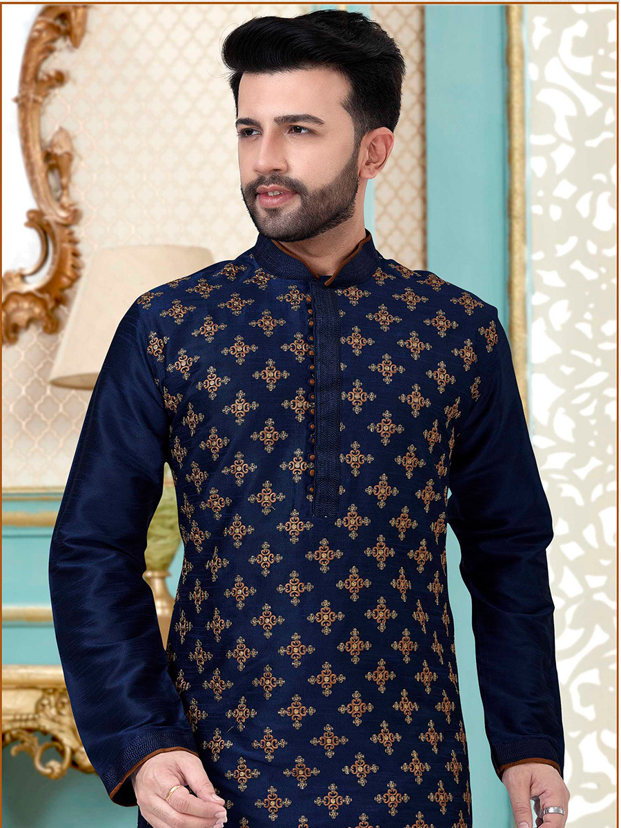Navy Blue Dhupion Silk Embroidery Wedding Party Festival Ready Mens Kurta