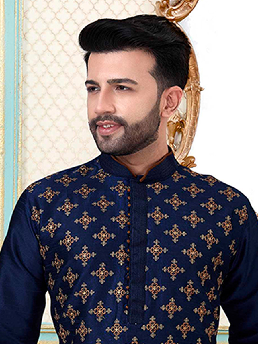 Navy Blue Dhupion Silk Embroidery Wedding Party Festival Ready Mens Kurta