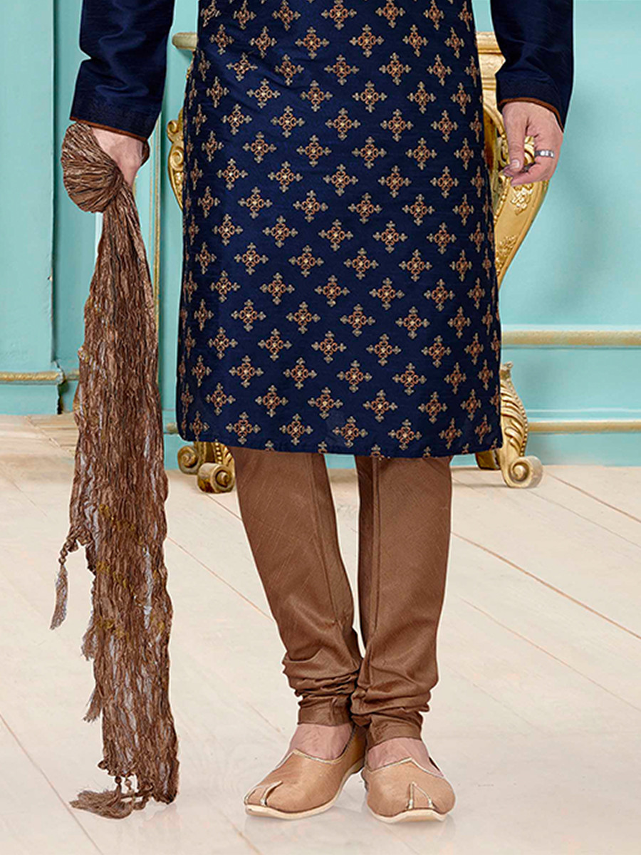 Navy Blue Dhupion Silk Embroidery Wedding Party Festival Ready Mens Kurta
