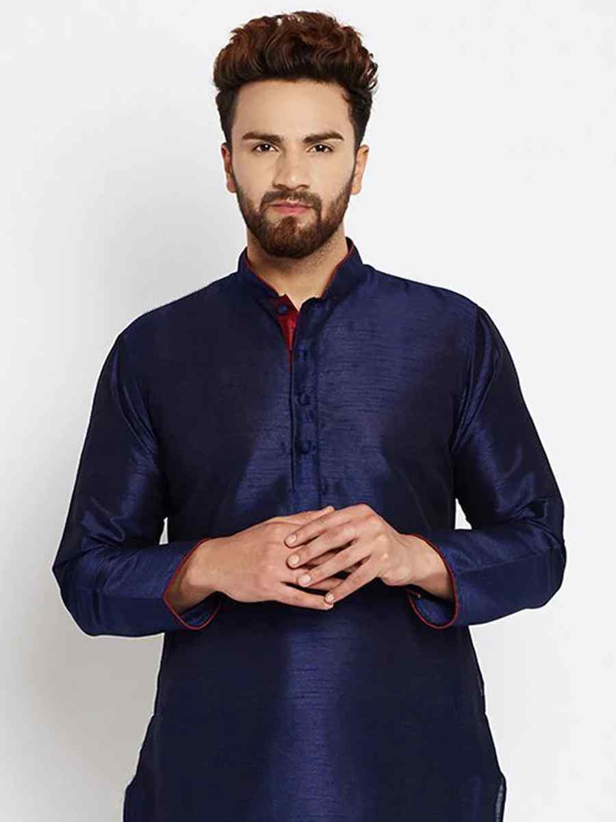 Navy Blue Dhupion Silk Plain Festival Kurta