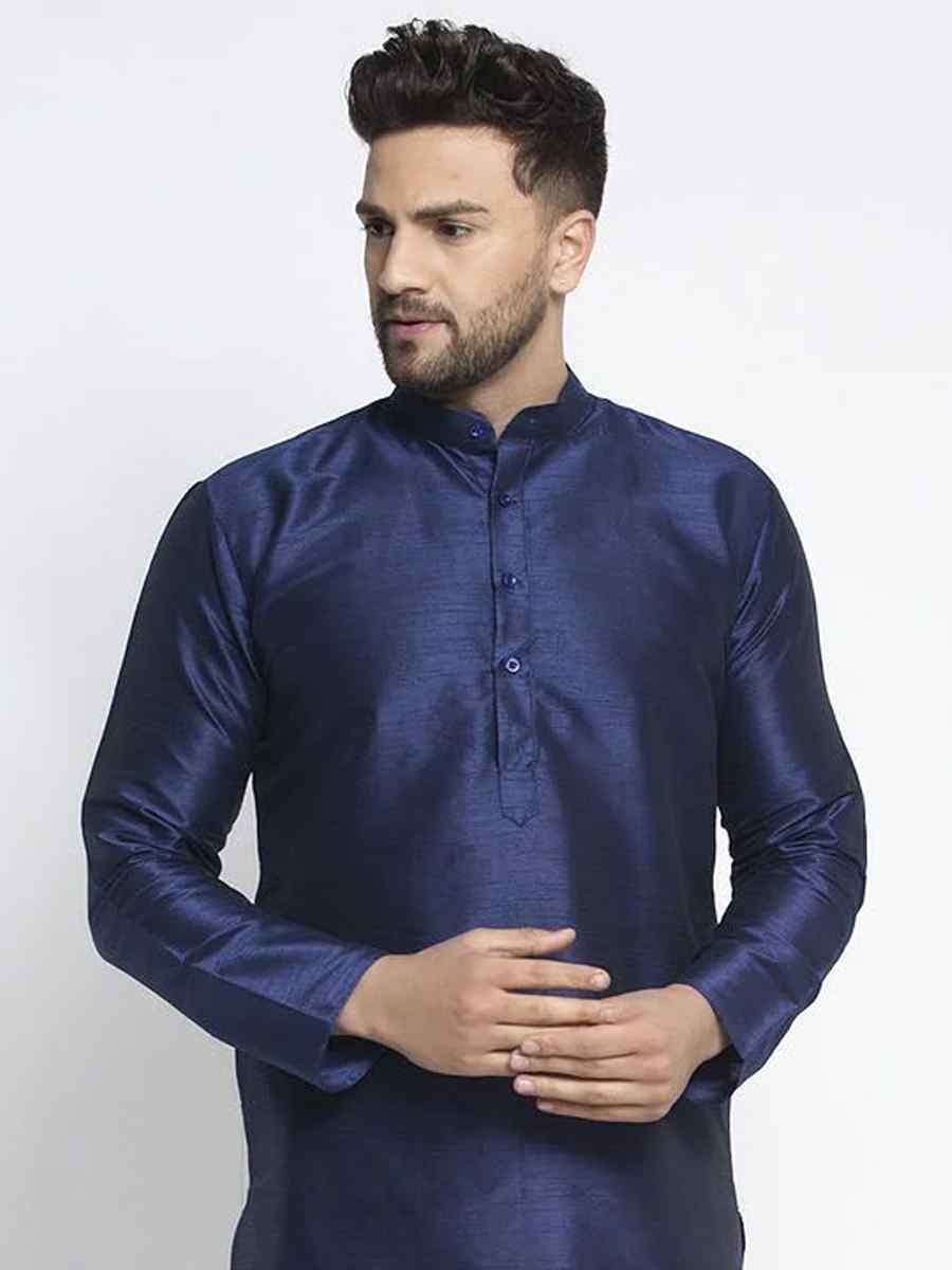 Navy Blue Dhupion Silk Plain Festival Kurta