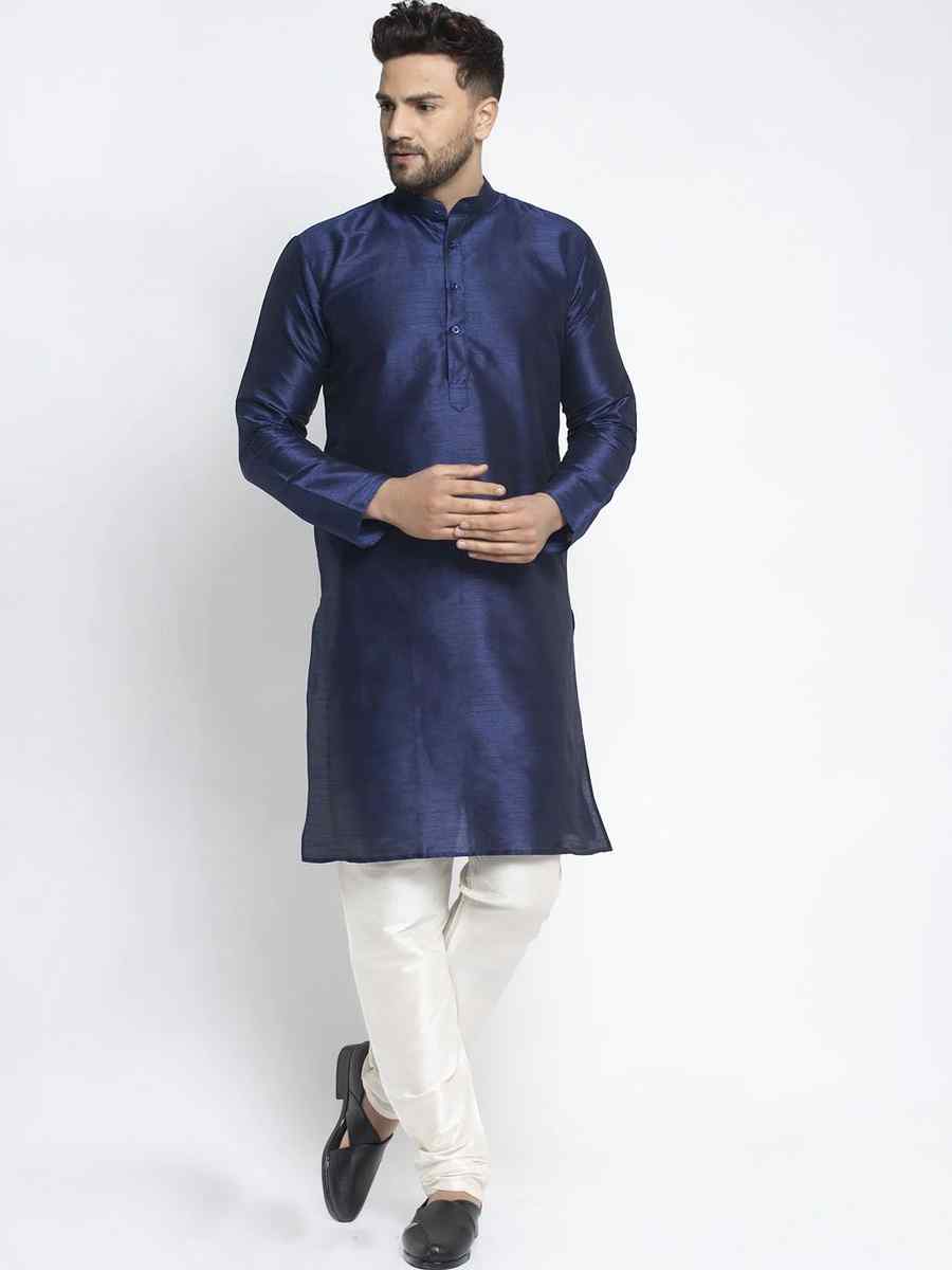 Navy Blue Dhupion Silk Plain Festival Kurta