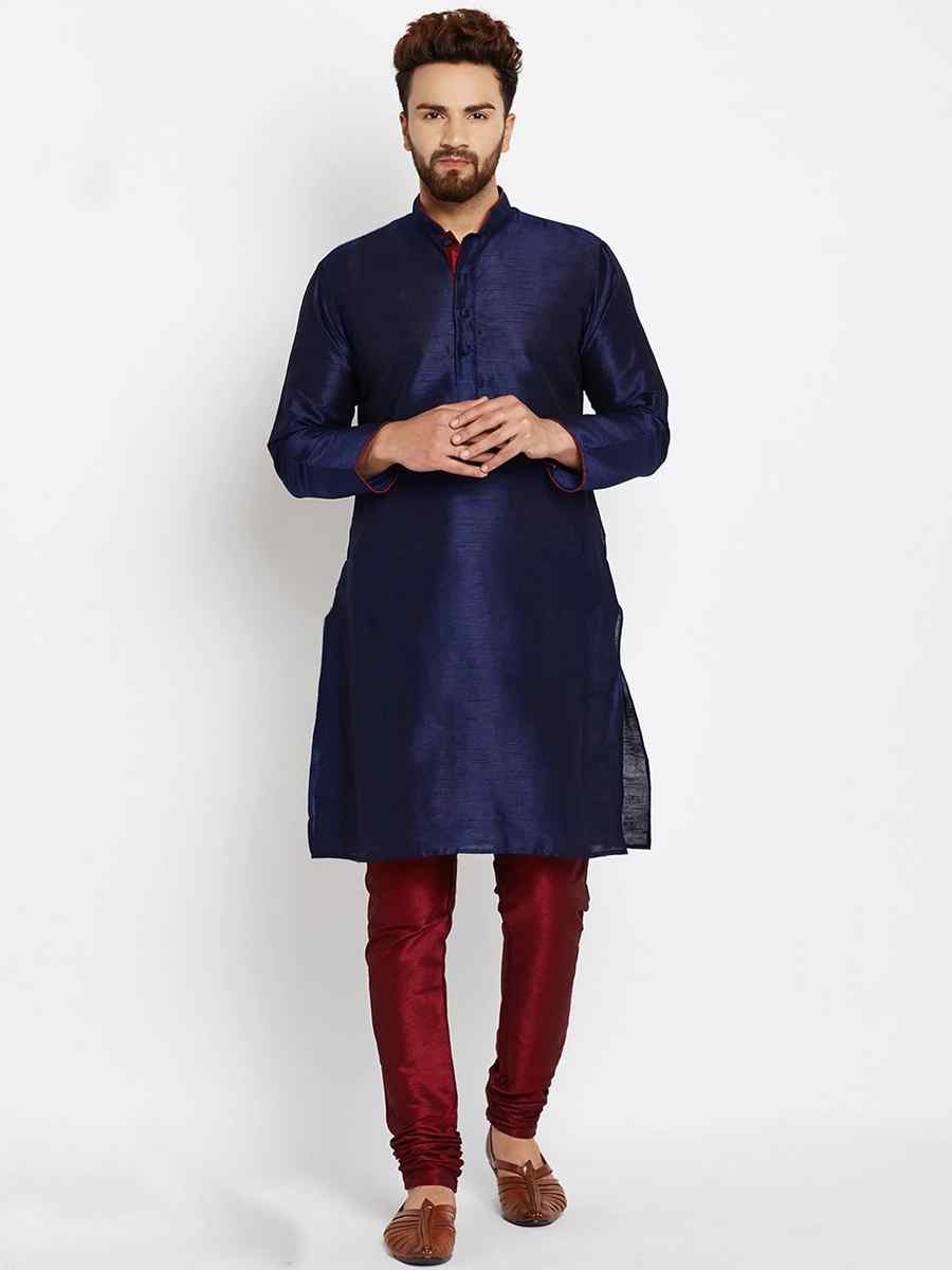 Navy Blue Dhupion Silk Plain Festival Kurta
