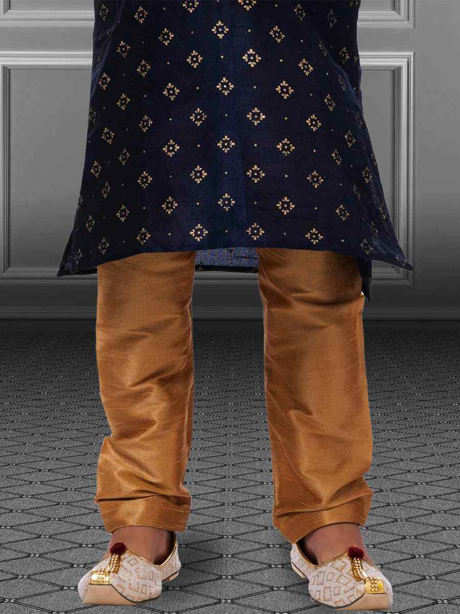 Navy Blue Dhupion Silk Printed Festival Kurta Pyjama Boys Wear