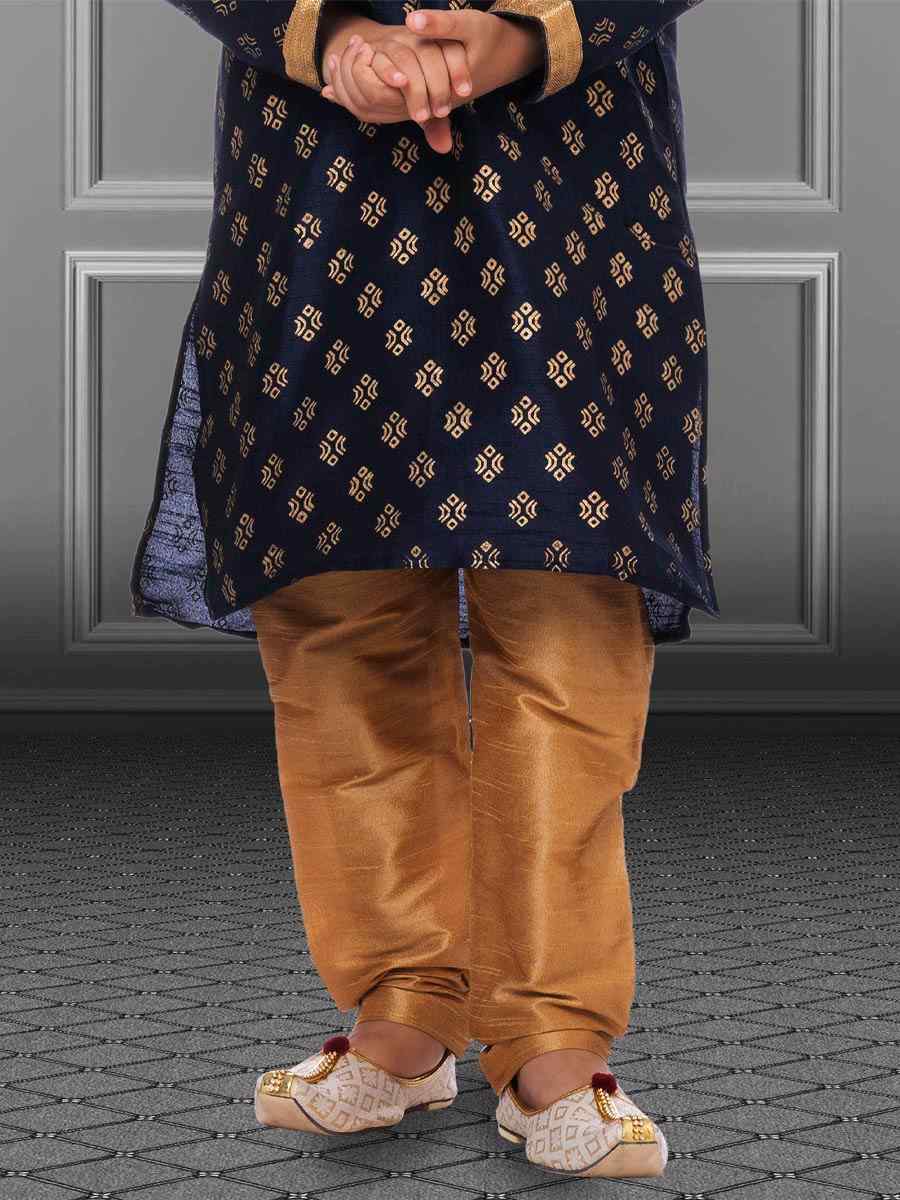 Navy Blue Dhupion Silk Printed Festival Kurta Pyjama Boys Wear