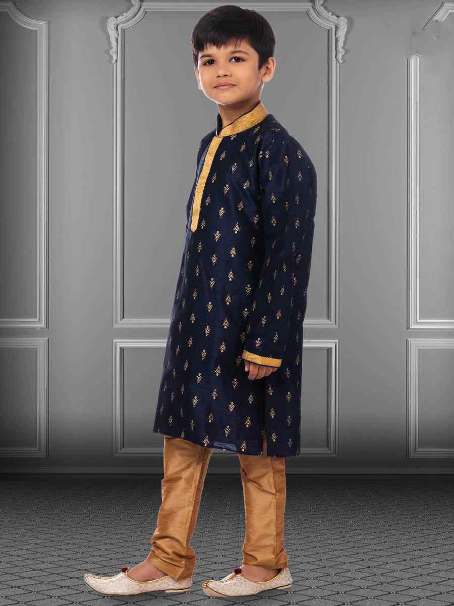 Navy Blue Dhupion Silk Printed Festival Kurta Pyjama Boys Wear