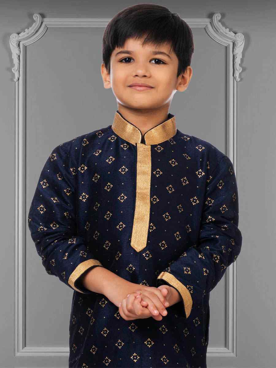 Navy Blue Dhupion Silk Printed Festival Kurta Pyjama Boys Wear