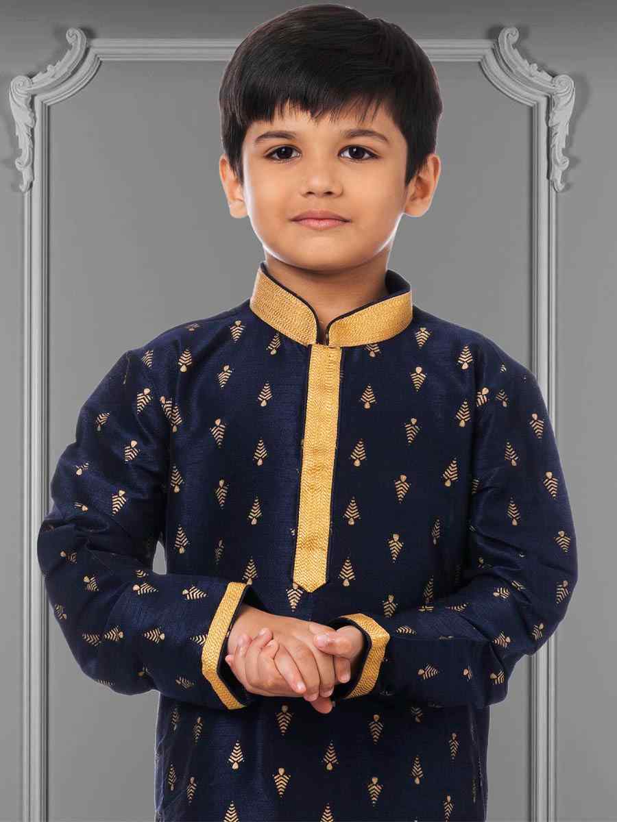 Navy Blue Dhupion Silk Printed Festival Kurta Pyjama Boys Wear