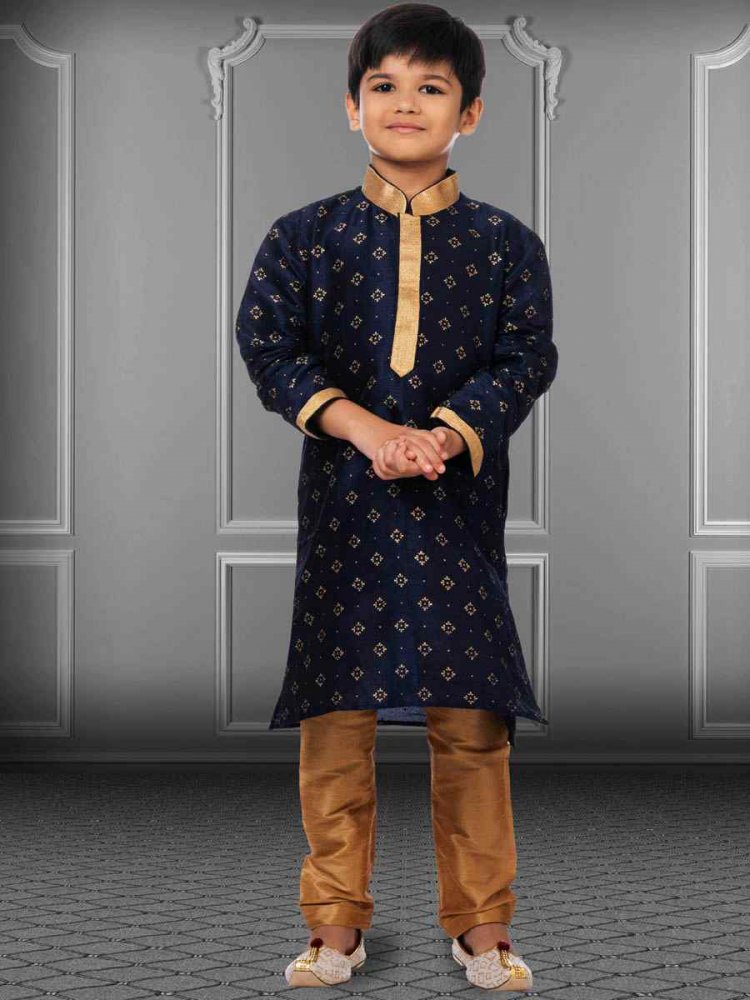 Navy Blue Dhupion Silk Printed Festival Kurta Pyjama Boys Wear