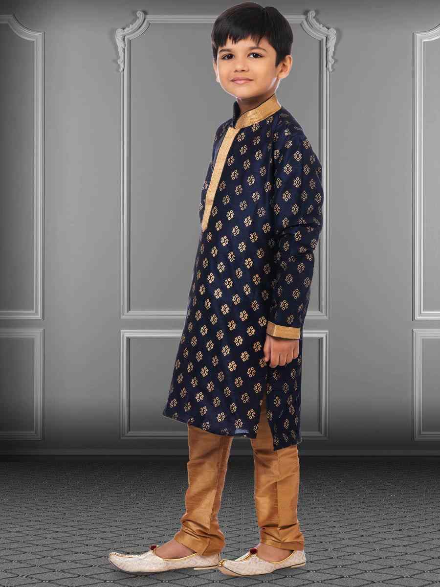 Navy Blue Dhupion Silk Printed Festival Kurta Pyjama Boys Wear