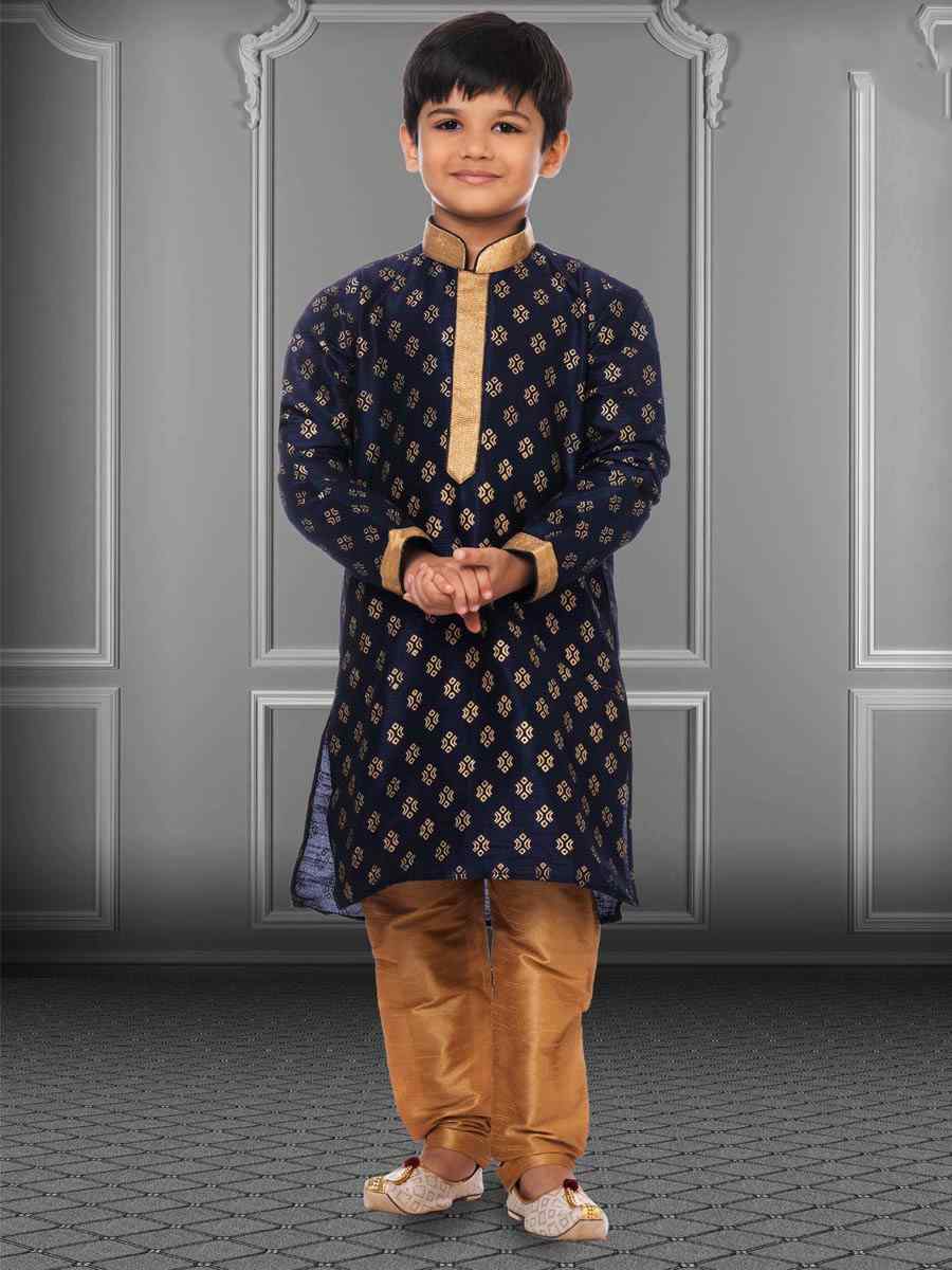 Navy Blue Dhupion Silk Printed Festival Kurta Pyjama Boys Wear