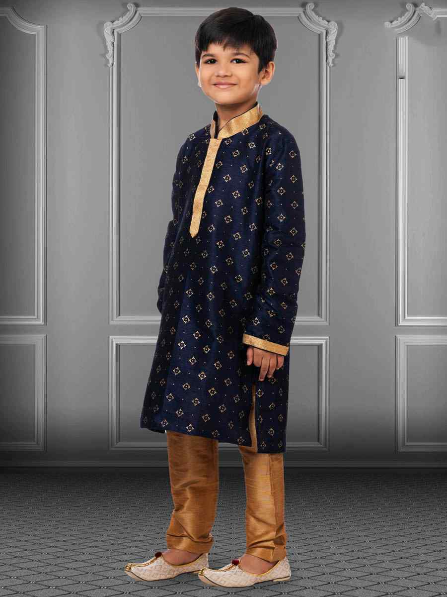 Navy Blue Dhupion Silk Printed Festival Kurta Pyjama Boys Wear