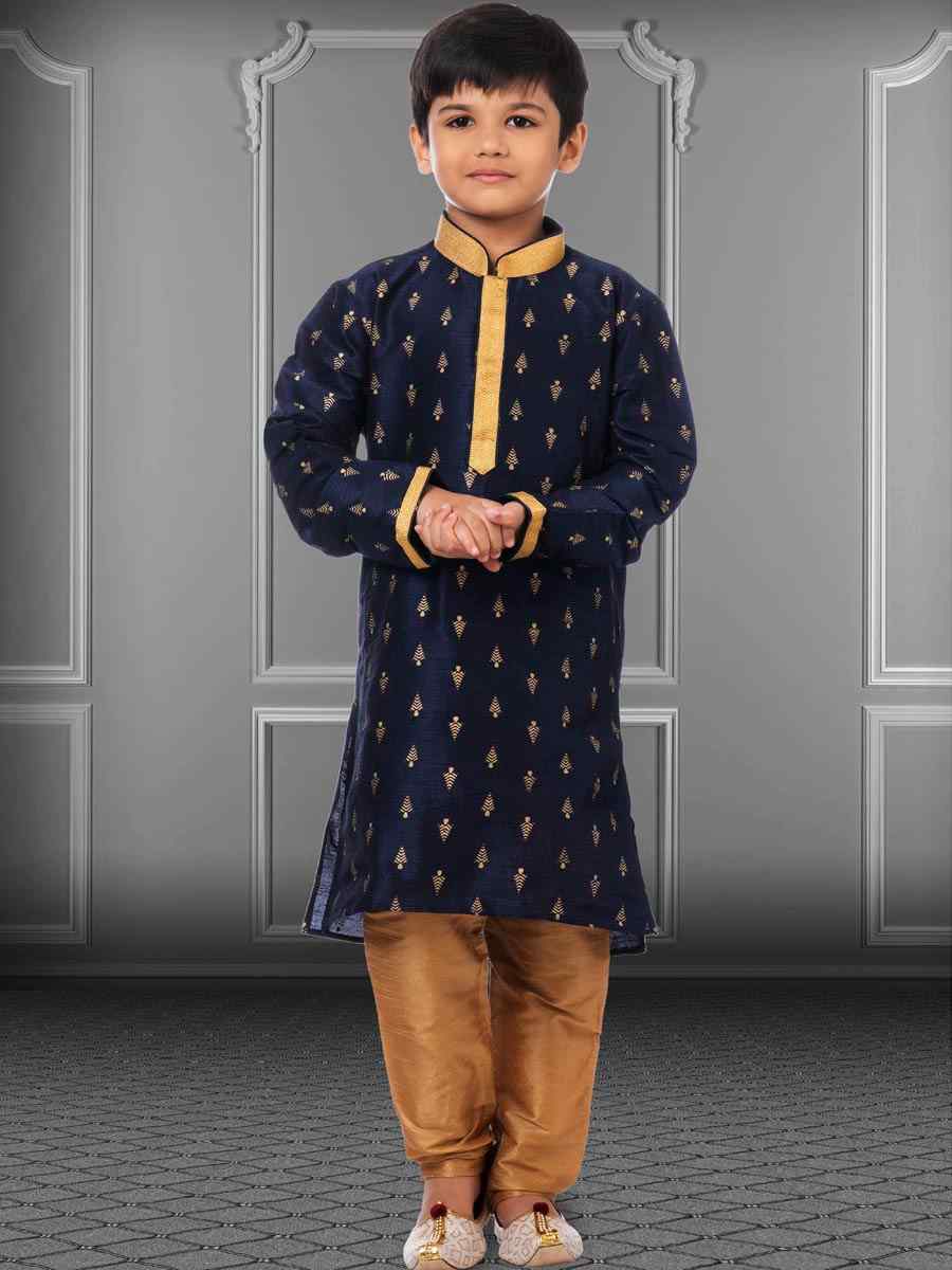 Navy Blue Dhupion Silk Printed Festival Kurta Pyjama Boys Wear