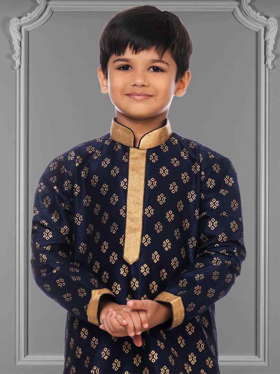 Navy Blue Dhupion Silk Printed Festival Kurta Pyjama Boys Wear