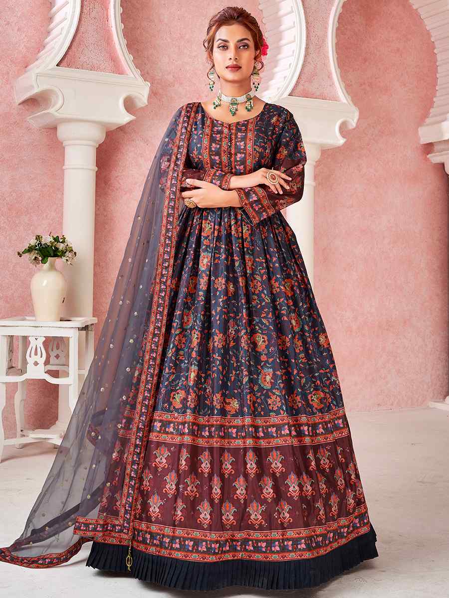 Navy Blue Dola Silk Embroidered Party Gown