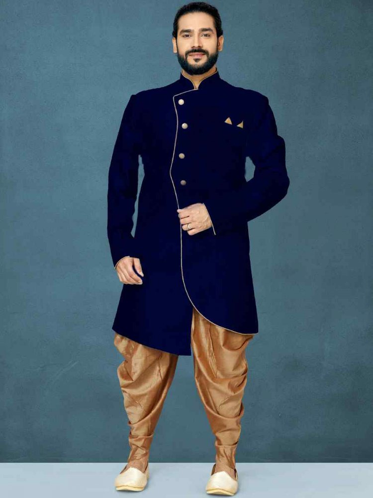 Navy Blue Dupion Art Silk Cutwork Wedding Party Sherwani