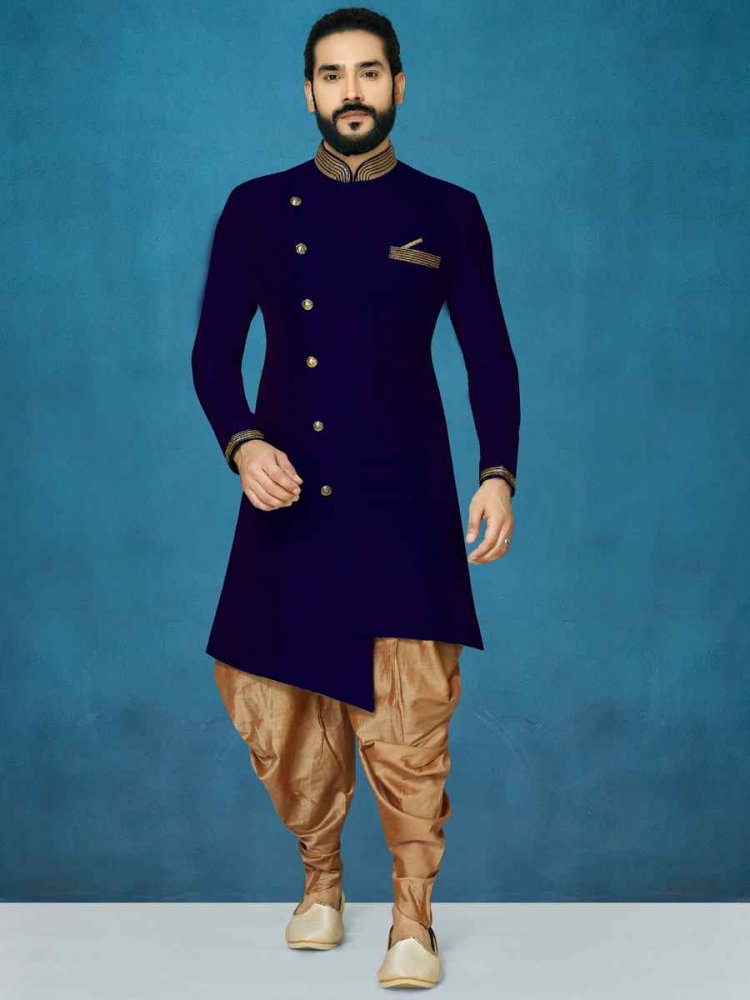 Navy Blue Dupion Art Silk Cutwork Wedding Party Sherwani