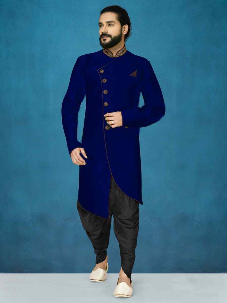 Navy Blue Dupion Art Silk Cutwork Wedding Party Sherwani