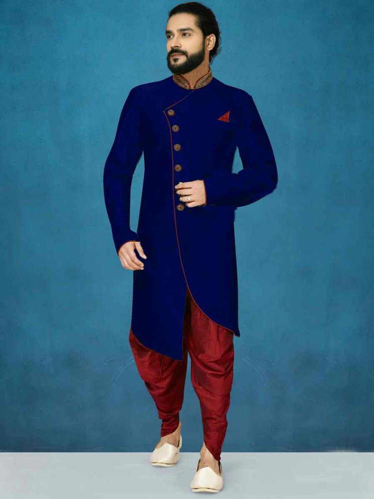 Navy Blue Dupion Art Silk Cutwork Wedding Party Sherwani