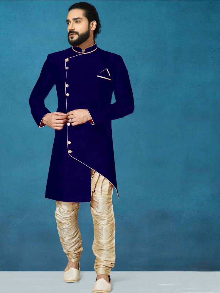 Navy Blue Dupion Art Silk Cutwork Wedding Party Sherwani