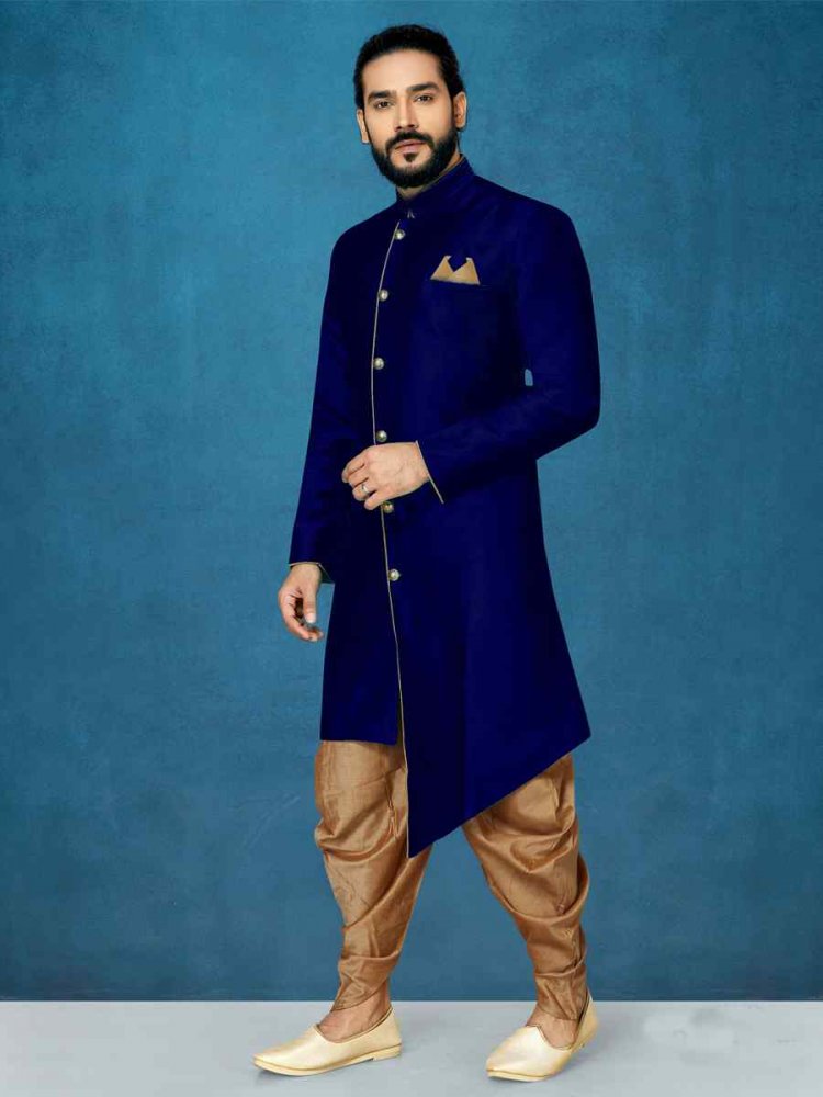 Navy Blue Dupion Art Silk Cutwork Wedding Party Sherwani