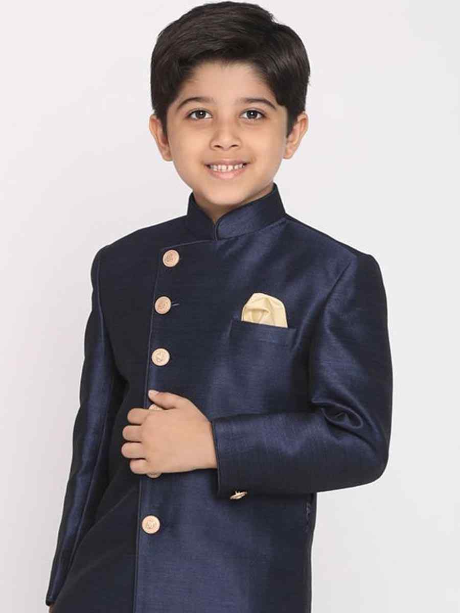 Navy Blue Dupion Silk Brocade Festival Traditional Kurta Dhoti Boys Wear