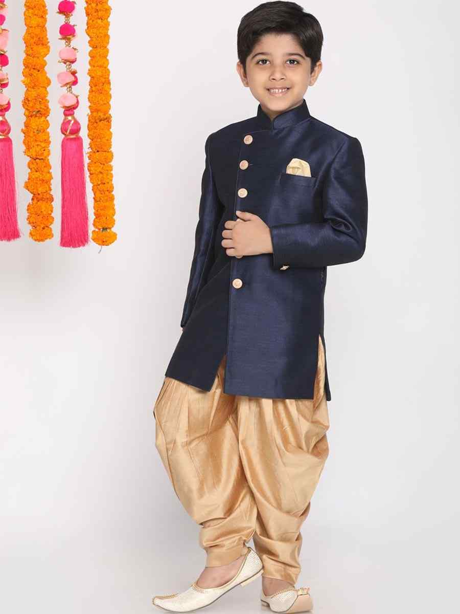 Navy Blue Dupion Silk Brocade Festival Traditional Kurta Dhoti Boys Wear