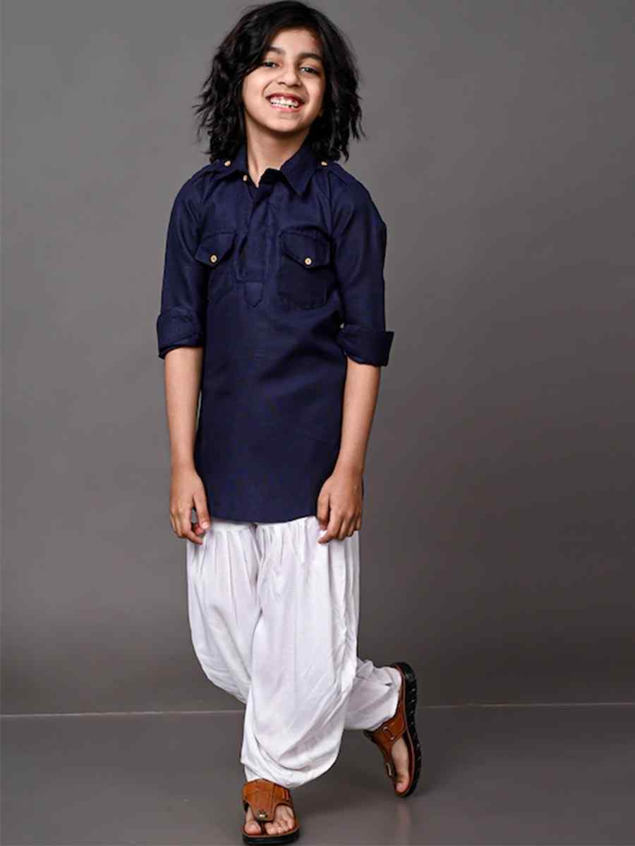 Navy Blue Dupion Silk Brocade Festival Traditional Kurta Dhoti Boys Wear