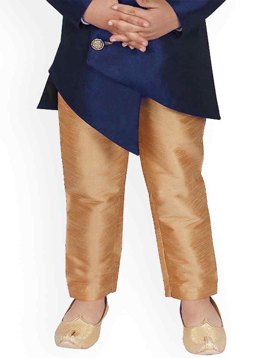 Navy Blue Dupion Silk Brocade Festival Traditional Kurta Pyjama Boys Wear