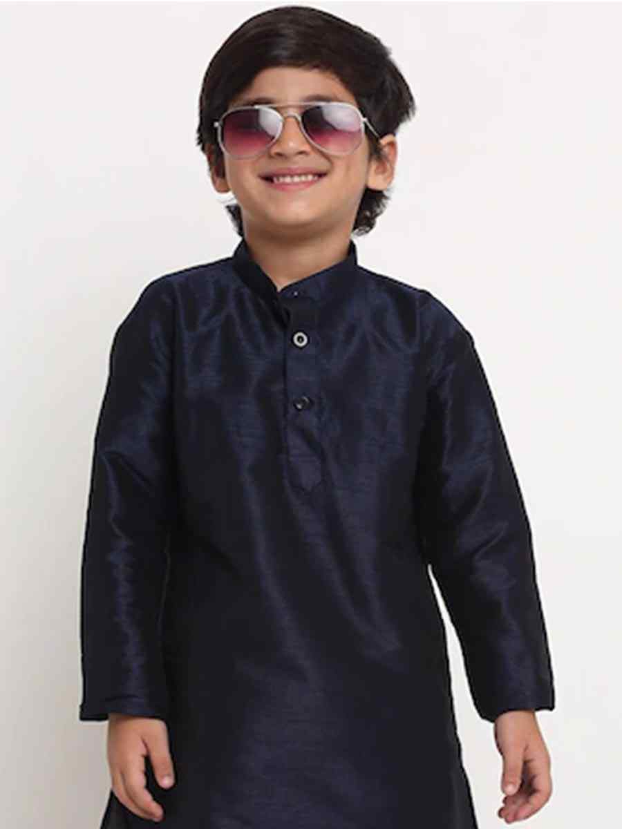 Navy Blue Dupion Silk Brocade Festival Traditional Kurta Pyjama Boys Wear