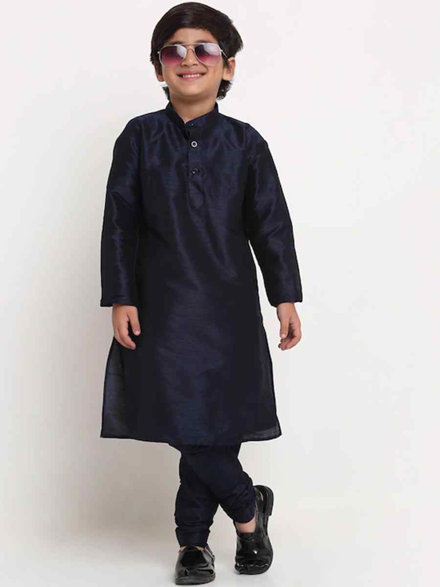 Navy Blue Dupion Silk Brocade Festival Traditional Kurta Pyjama Boys Wear