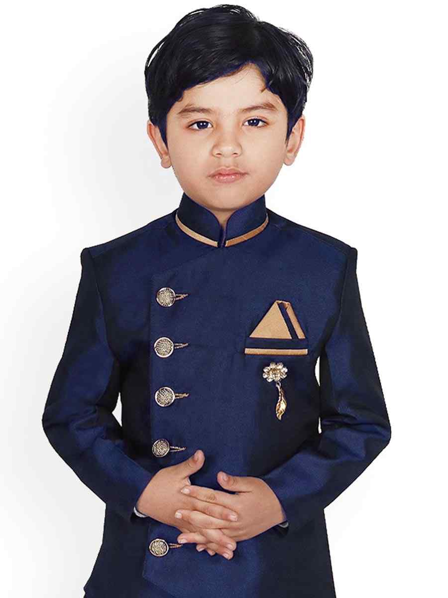 Navy Blue Dupion Silk Brocade Festival Traditional Kurta Pyjama Boys Wear