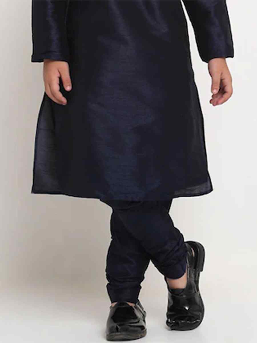 Navy Blue Dupion Silk Brocade Festival Traditional Kurta Pyjama Boys Wear