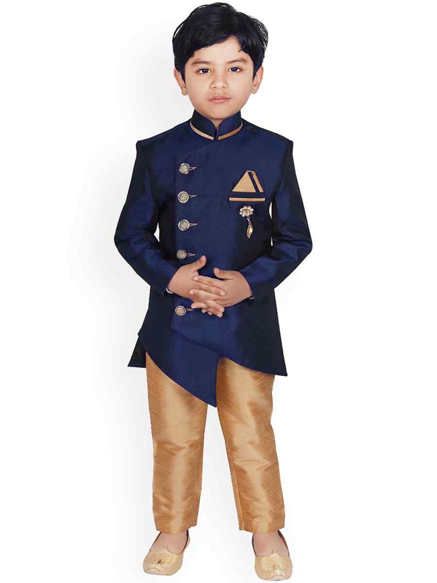 Navy Blue Dupion Silk Brocade Festival Traditional Kurta Pyjama Boys Wear