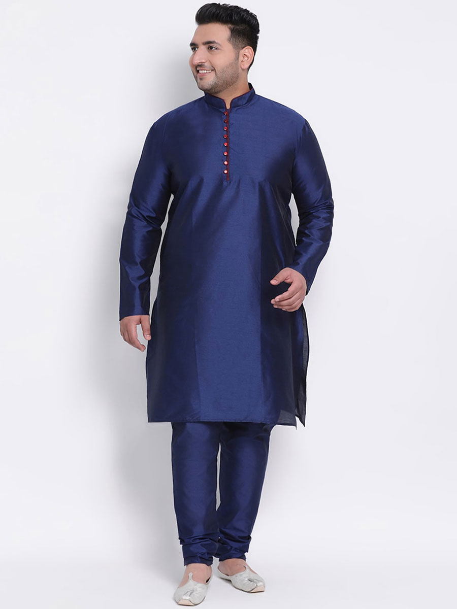 Navy Blue Dupion Silk Festival Plain Kurta