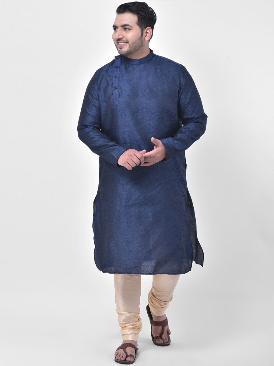 Navy Blue Dupion Silk Festival Plain Kurta