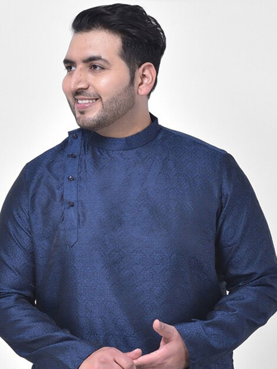 Navy Blue Dupion Silk Festival Plain Kurta