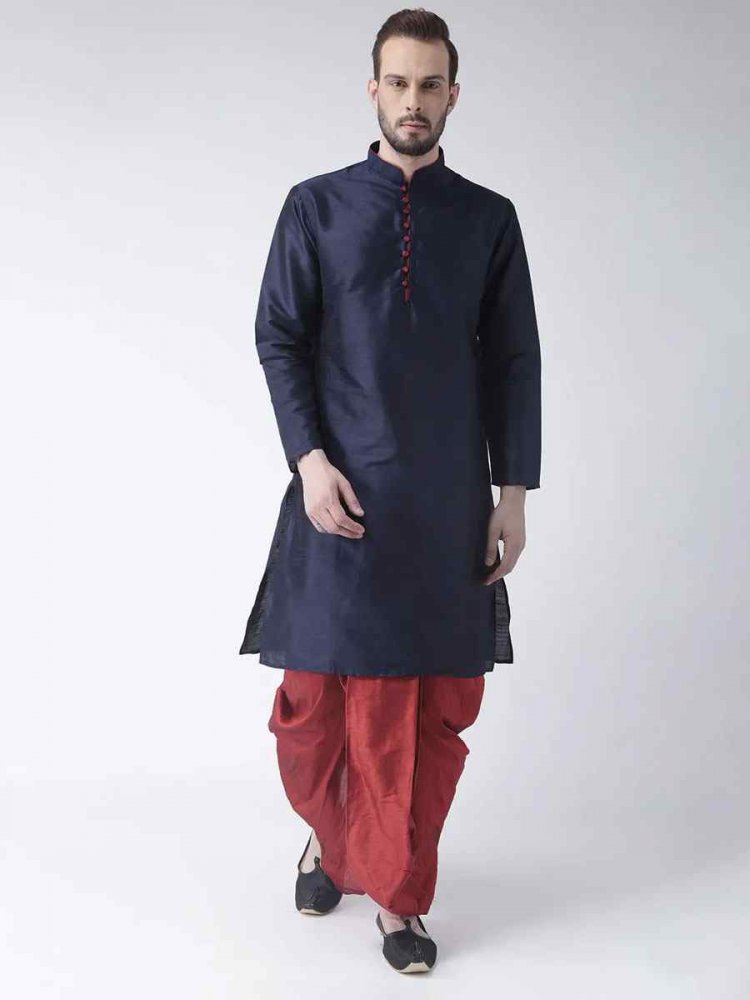 Navy Blue Dupion Silk Woven Festival Wedding Kurta
