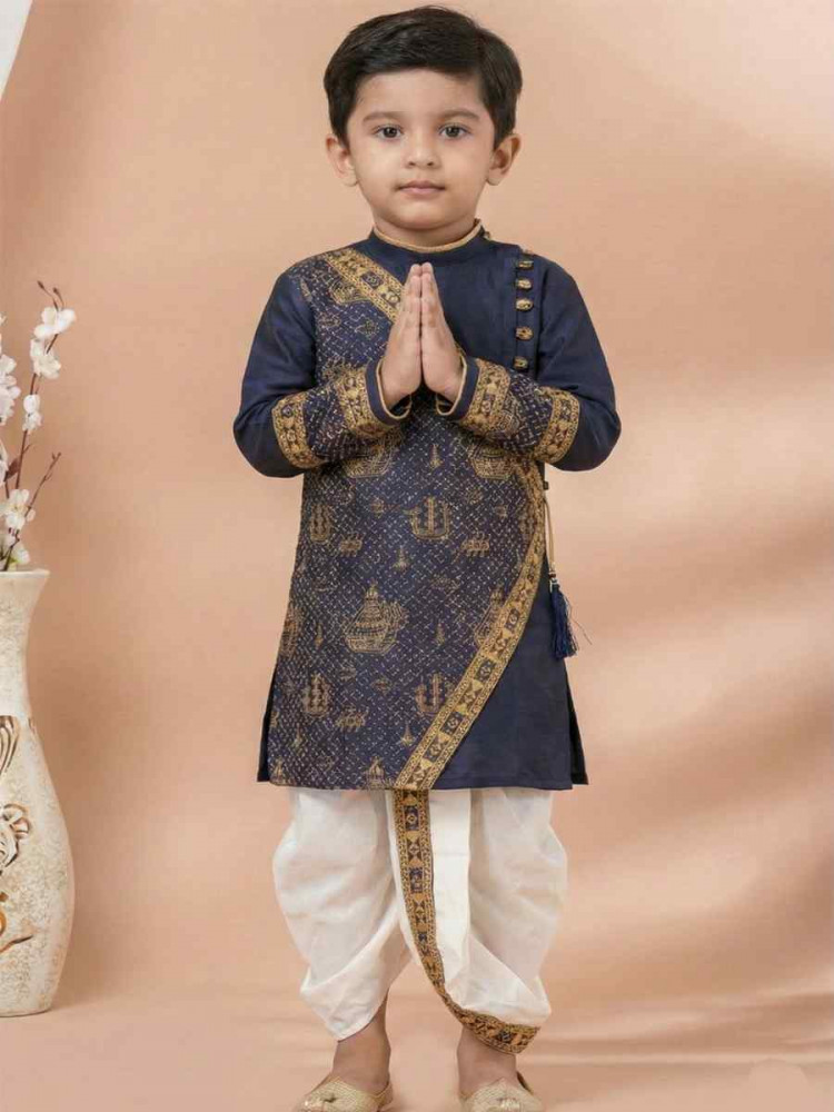 Image of Navy Blue Embroidery Festival Traditional Kurta Dhoti Boys Wear