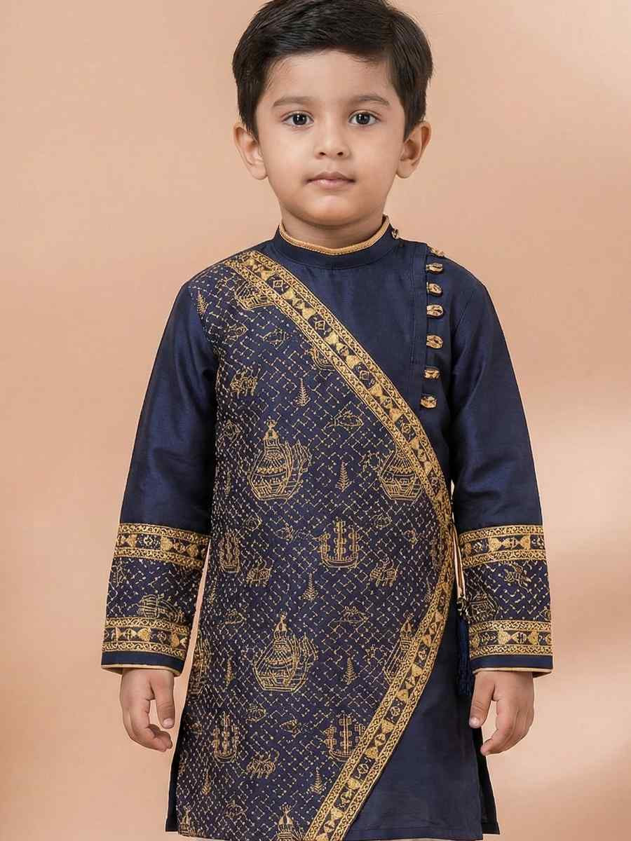 Navy Blue Embroidery Festival Traditional Kurta Dhoti Boys Wear