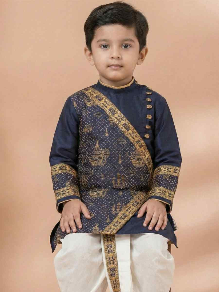 Navy Blue Embroidery Festival Traditional Kurta Dhoti Boys Wear