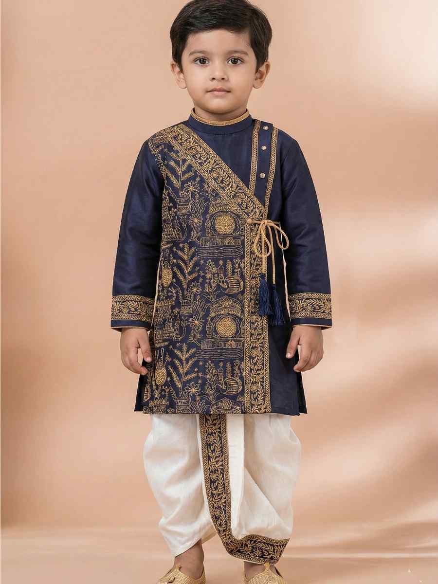 Navy Blue Embroidery Festival Traditional Kurta Dhoti Boys Wear