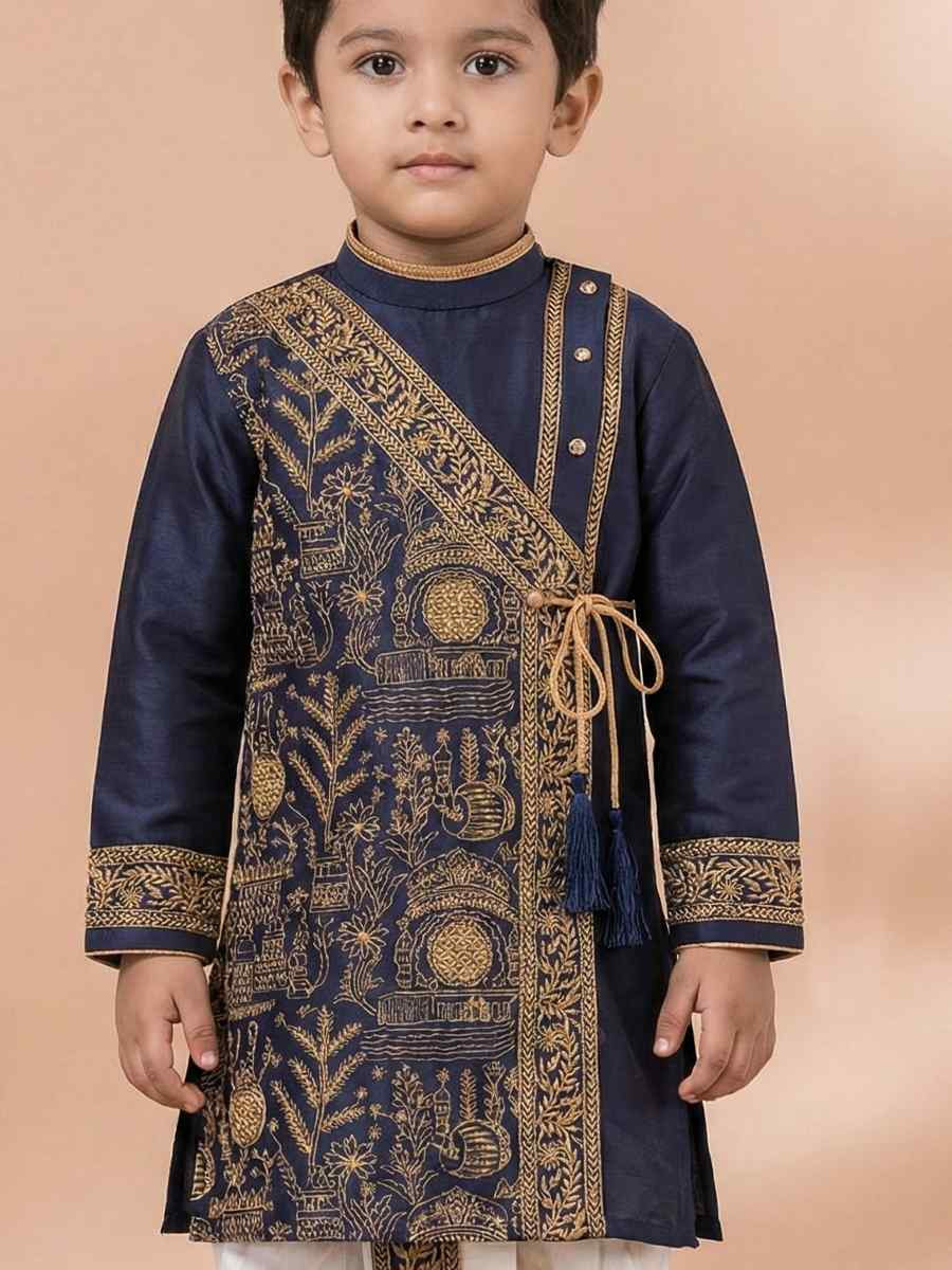 Navy Blue Embroidery Festival Traditional Kurta Dhoti Boys Wear