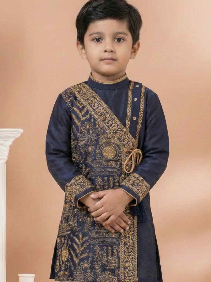 Navy Blue Embroidery Festival Traditional Kurta Dhoti Boys Wear