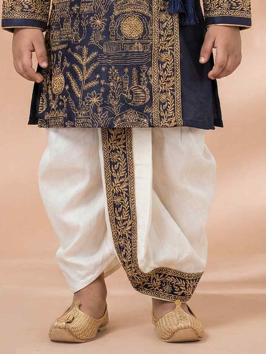 Navy Blue Embroidery Festival Traditional Kurta Dhoti Boys Wear
