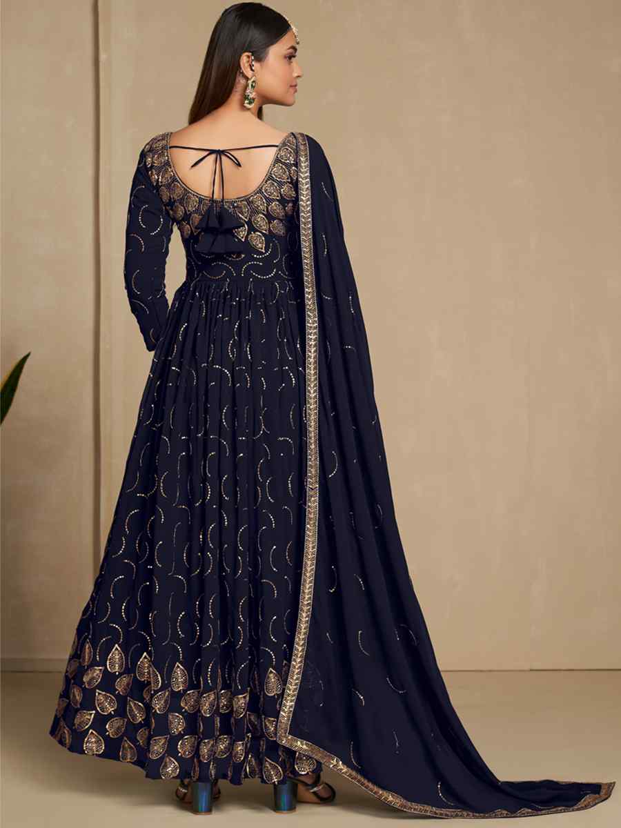 Navy Blue Faux Blooming Embroidered Festival Party Gown