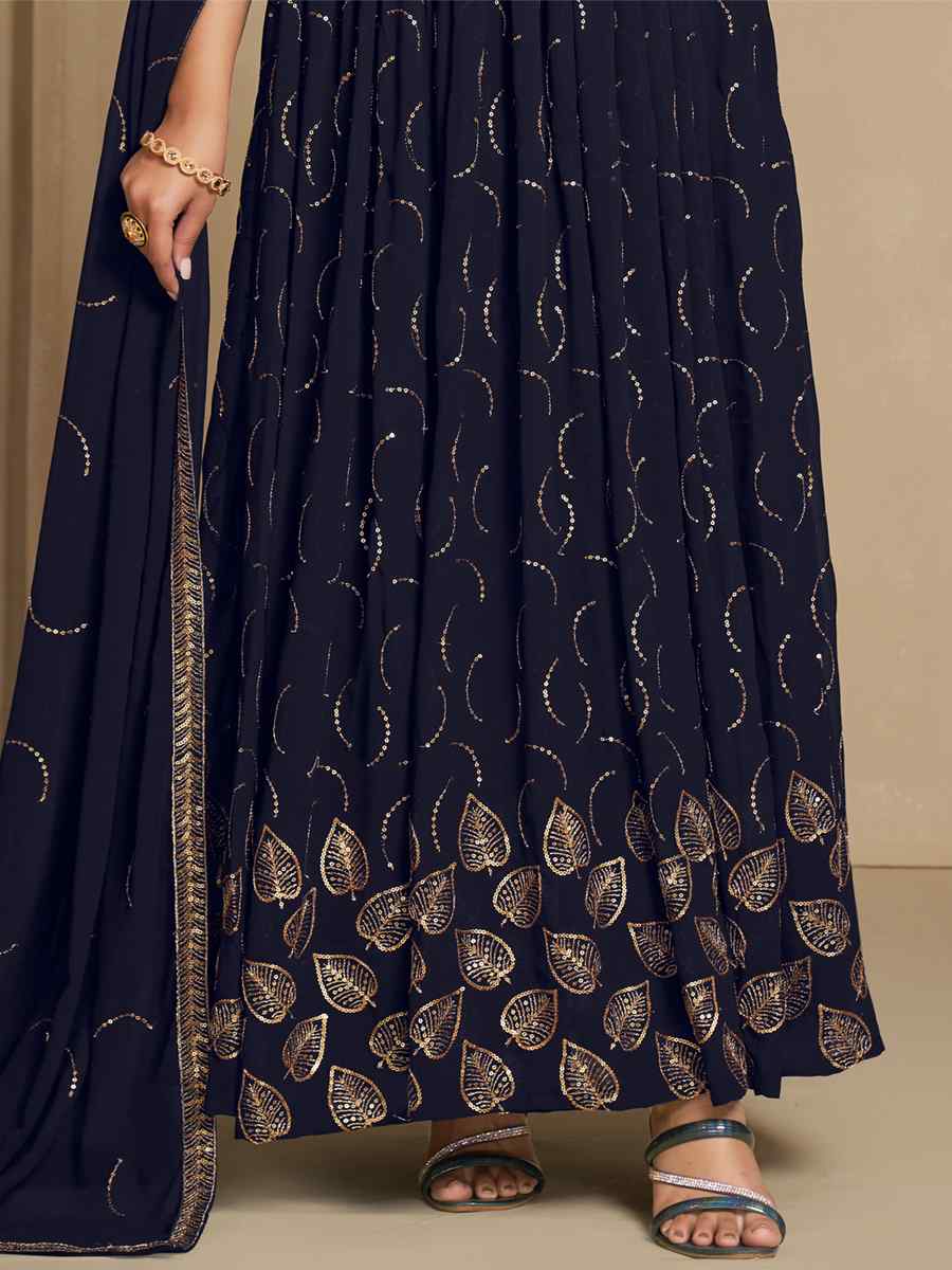 Navy Blue Faux Blooming Embroidered Festival Party Gown