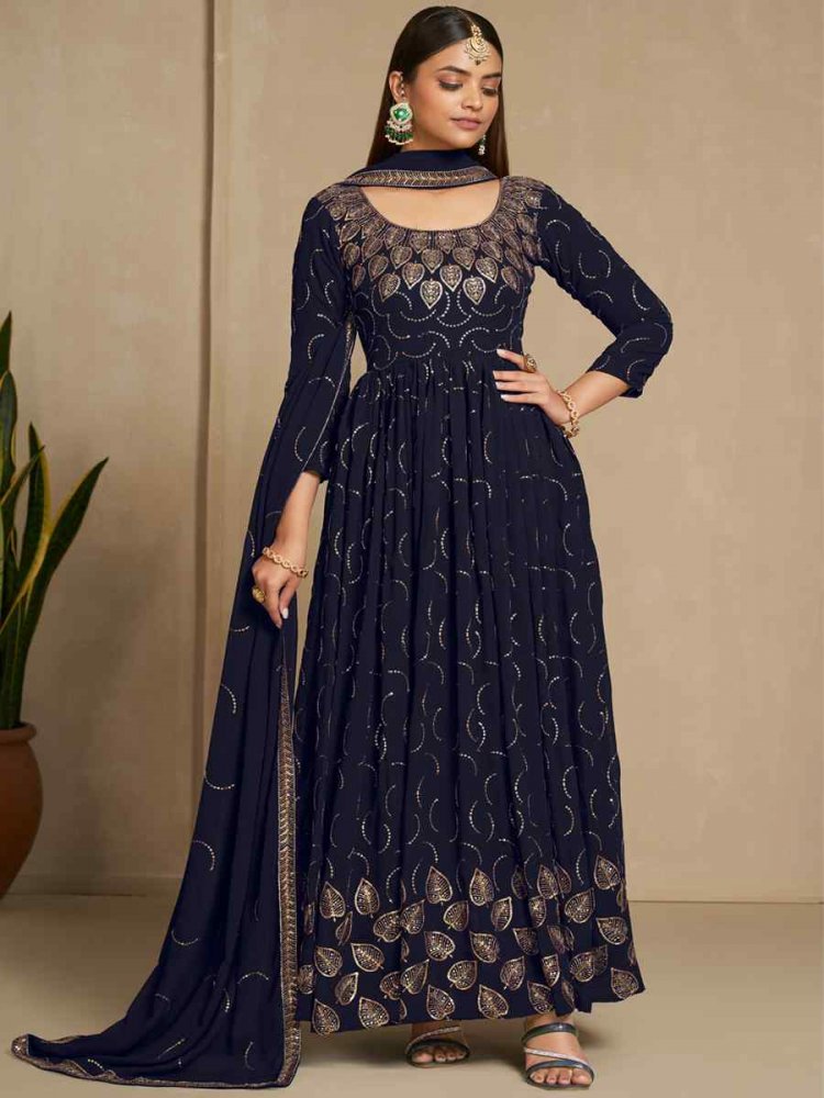 Navy Blue Faux Blooming Embroidered Festival Party Gown