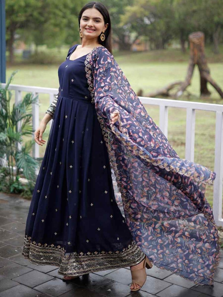 Navy Blue Faux Blooming Georgette Embroidered Festival Party Gown