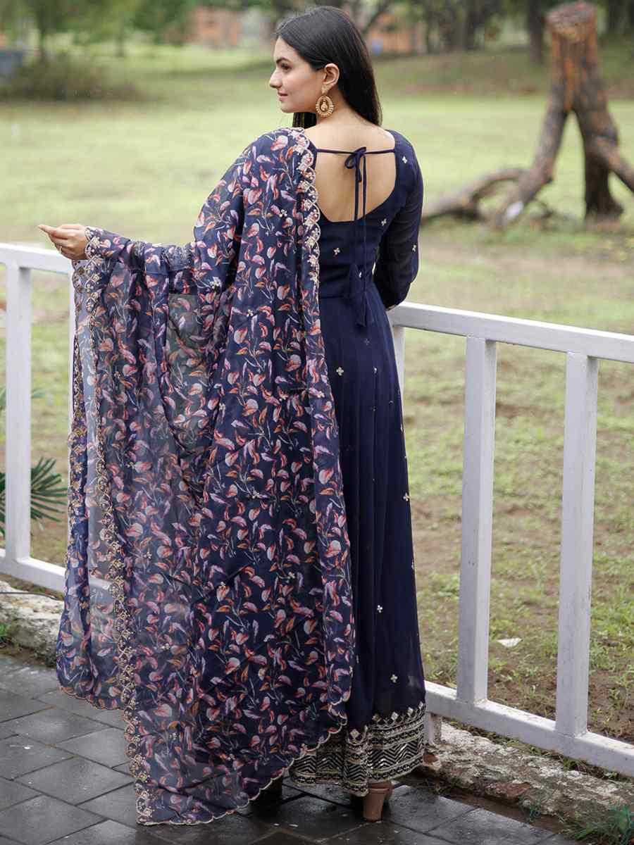 Navy Blue Faux Blooming Georgette Embroidered Festival Party Gown